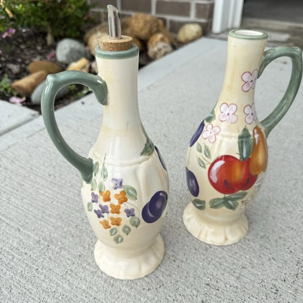 Home Fruit Ceramic Oil Vinegar Cruet Set 2 Floral Kitchen Pourer Dispenser China